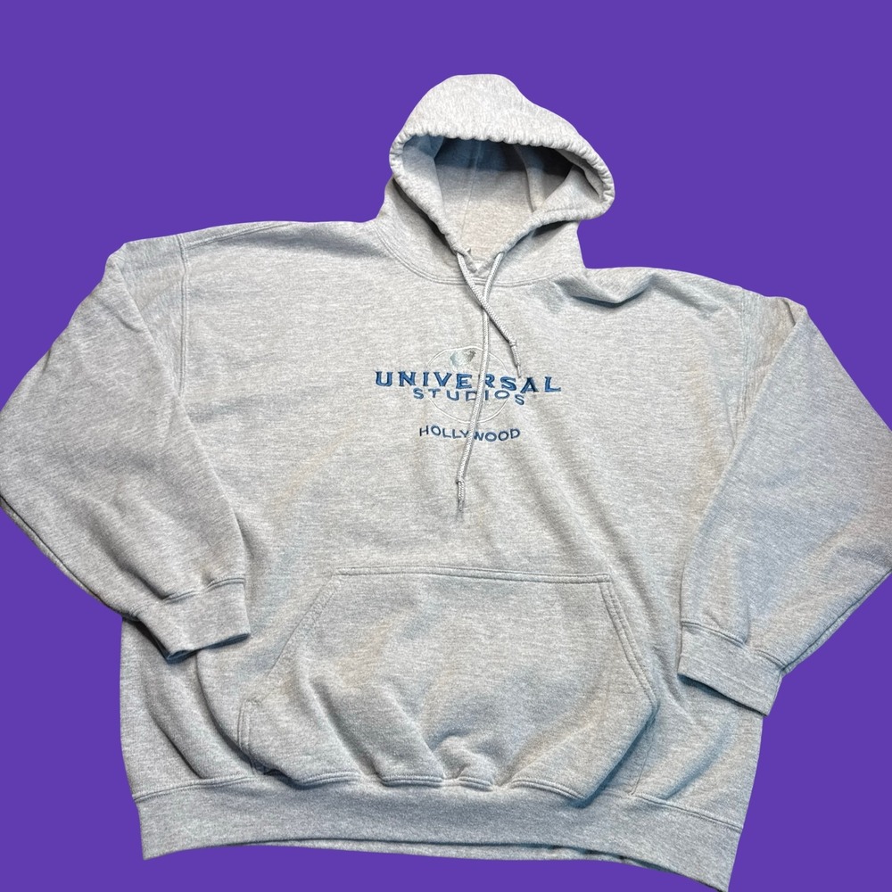 Universal Studios Hoodie Mens XL Gray Hollywood Embroidered Fleece Sweatshirt